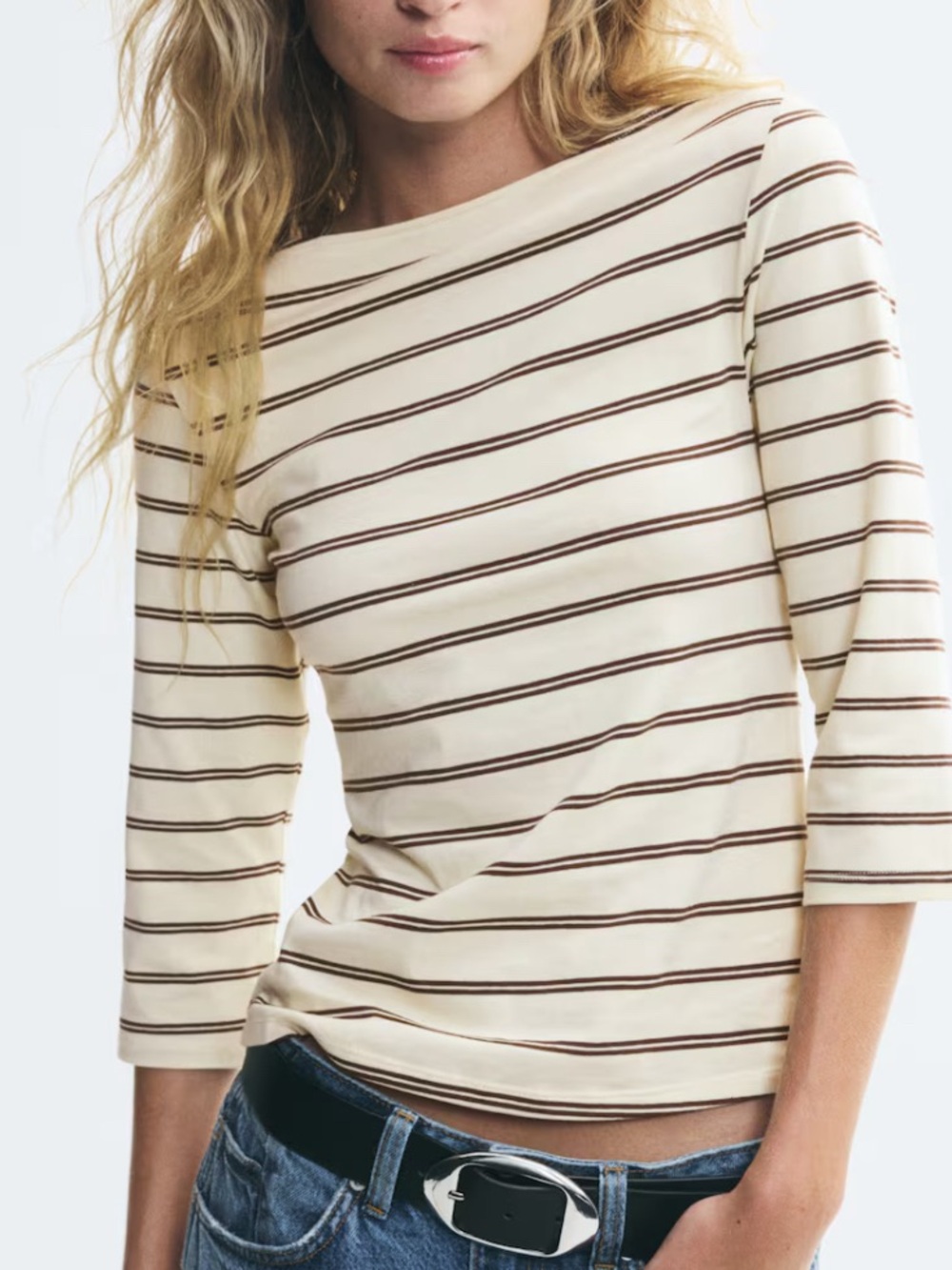 H&M Cream and Brown Striped Women's Boatneck Top